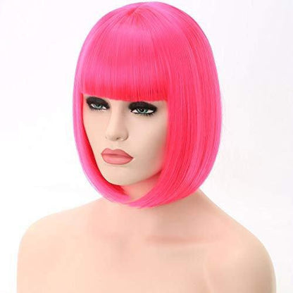 Hot neon pink | straight bob with straight bangs | hand dyed | synthetic 12" wig | stand out from the crowd | rave and cosplay | ready to go