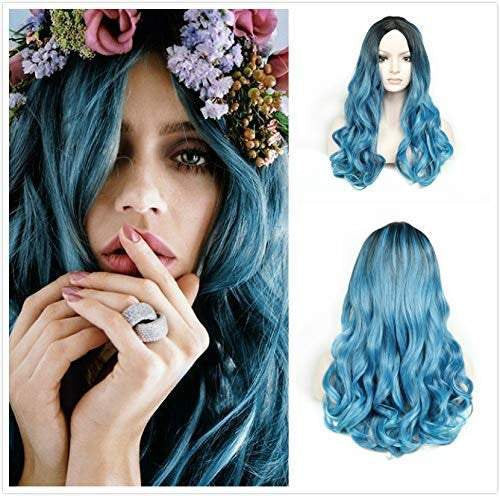 Blue on black wavy synthetic hair wig