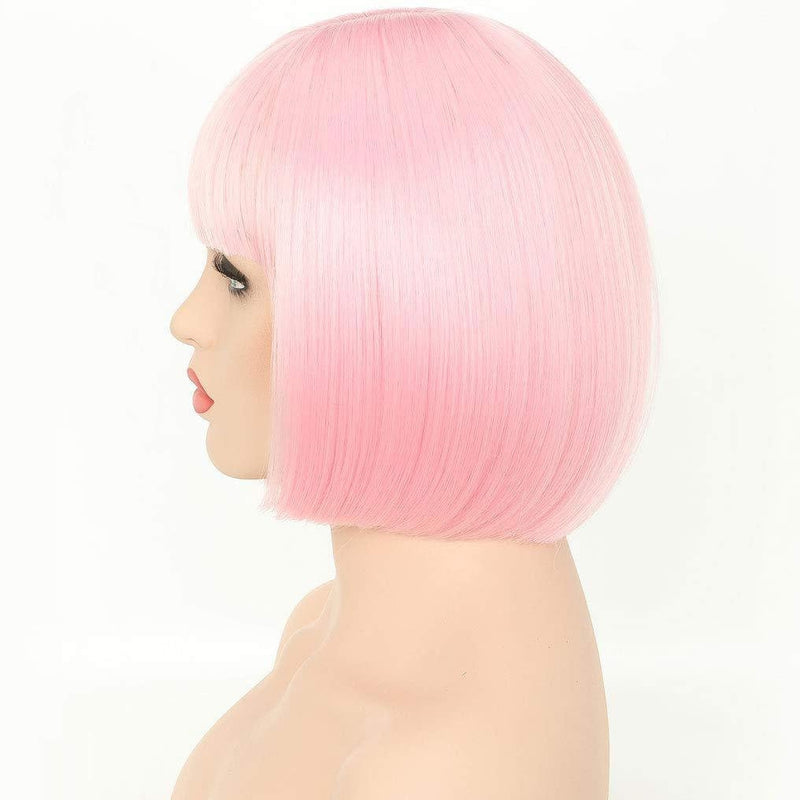 Trendy soft rose petal pink straight bob with straight bangs hand dyed synthetic 12" wig