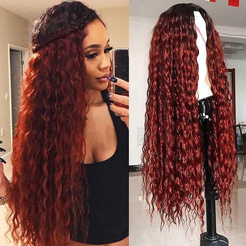 Trendy wig wet and wavy kinky copper red water wave ombre synthetic heat resistant natural human hair feel wig 26 inches +/-