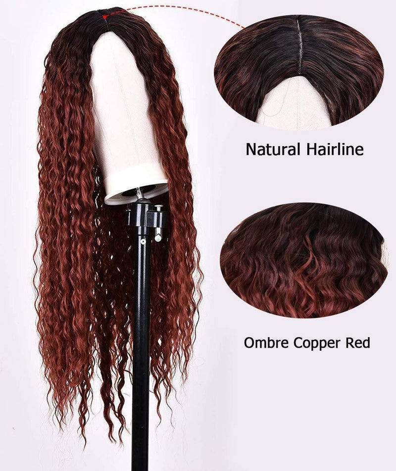 Trendy wig wet and wavy kinky copper red water wave ombre synthetic heat resistant natural human hair feel wig 26 inches +/-