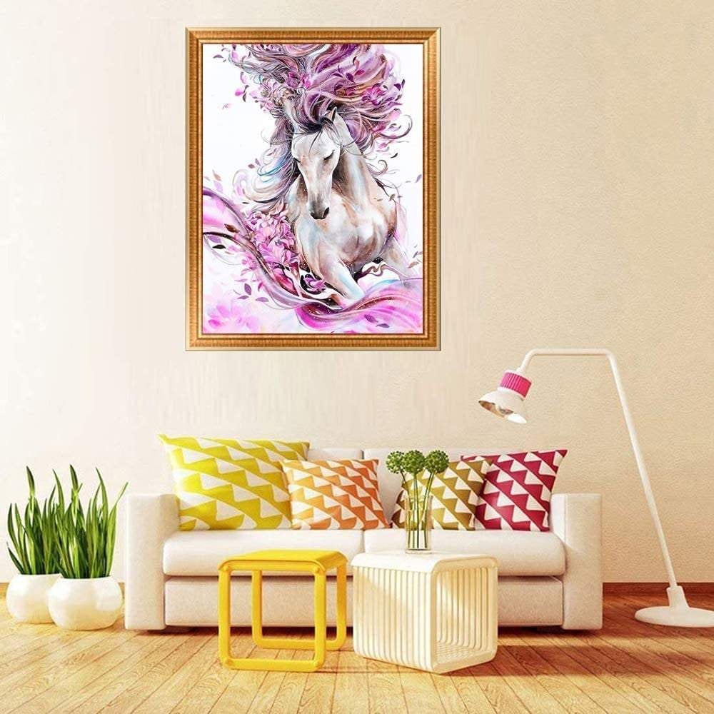 Pink horse diy 5d diamond painting kits for adults, diamond art full drill embroidery paint with diamond kit for home wall décor 12x16 inch