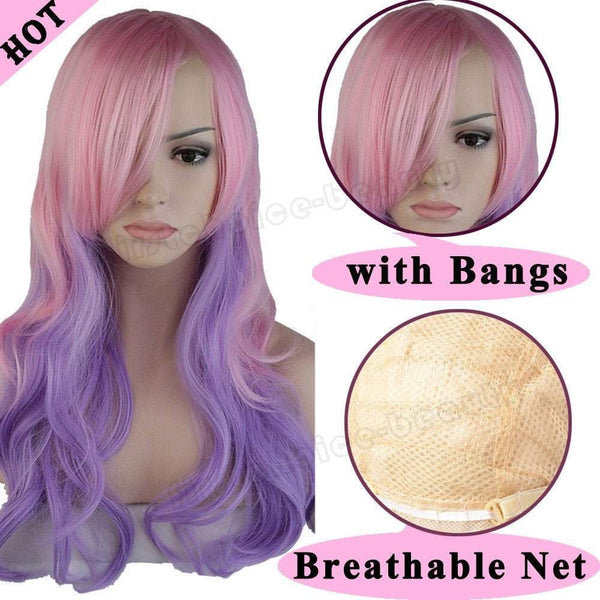 Anime costume party dress heat resistant synthetic curly wig with bangs pastel pink purple 24"