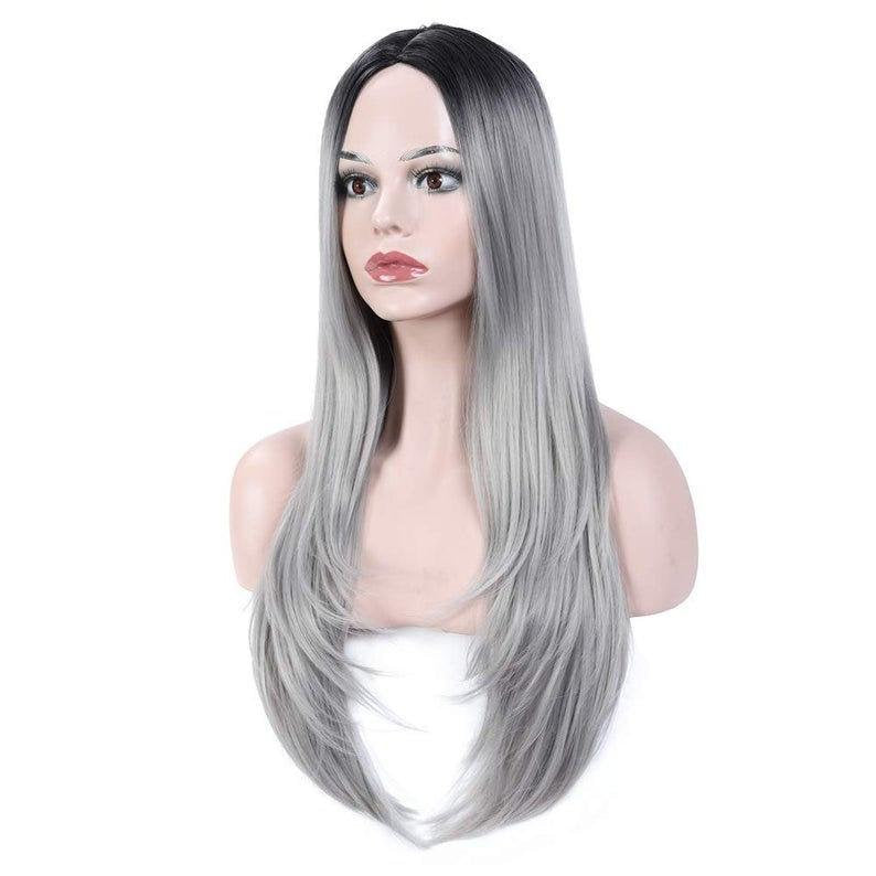 Gray synthetic middle part natural straight heat resistant cosplay wig 26 inch for daily wear, cosplay, costume, drag and stage wear