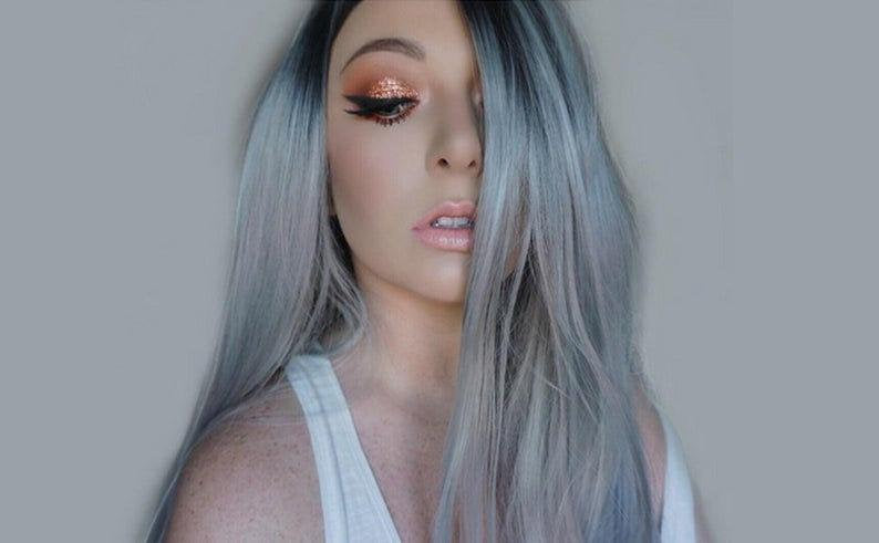 Gray synthetic middle part natural straight heat resistant cosplay wig 26 inch for daily wear, cosplay, costume, drag and stage wear