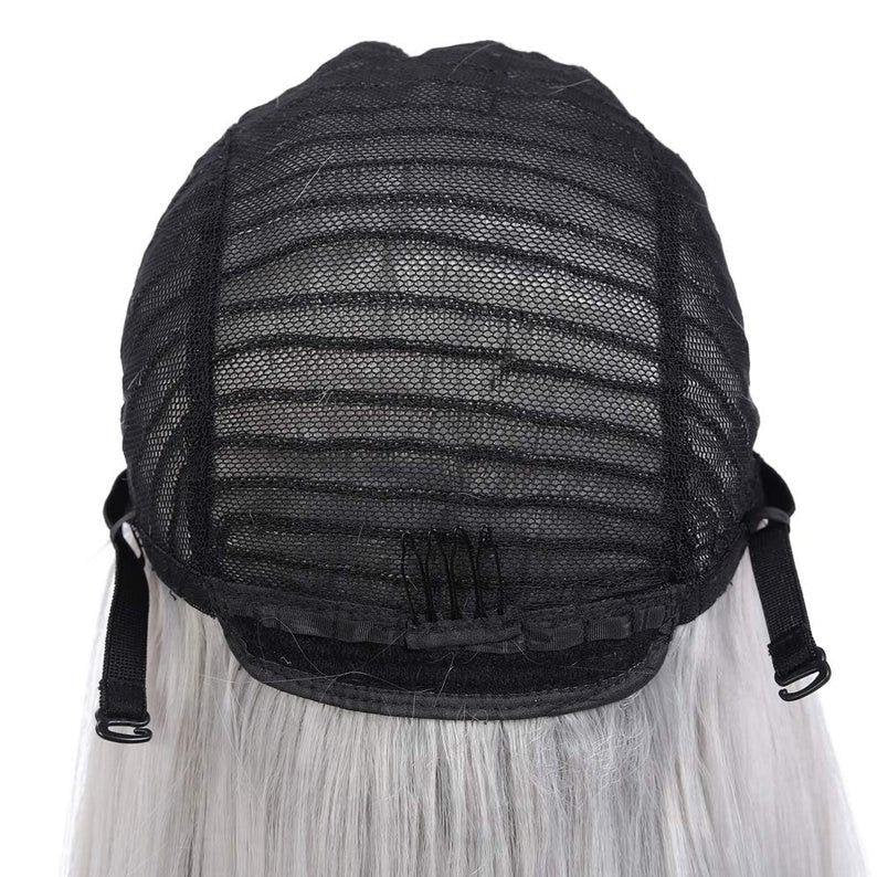 Gray synthetic middle part natural straight heat resistant cosplay wig 26 inch for daily wear, cosplay, costume, drag and stage wear