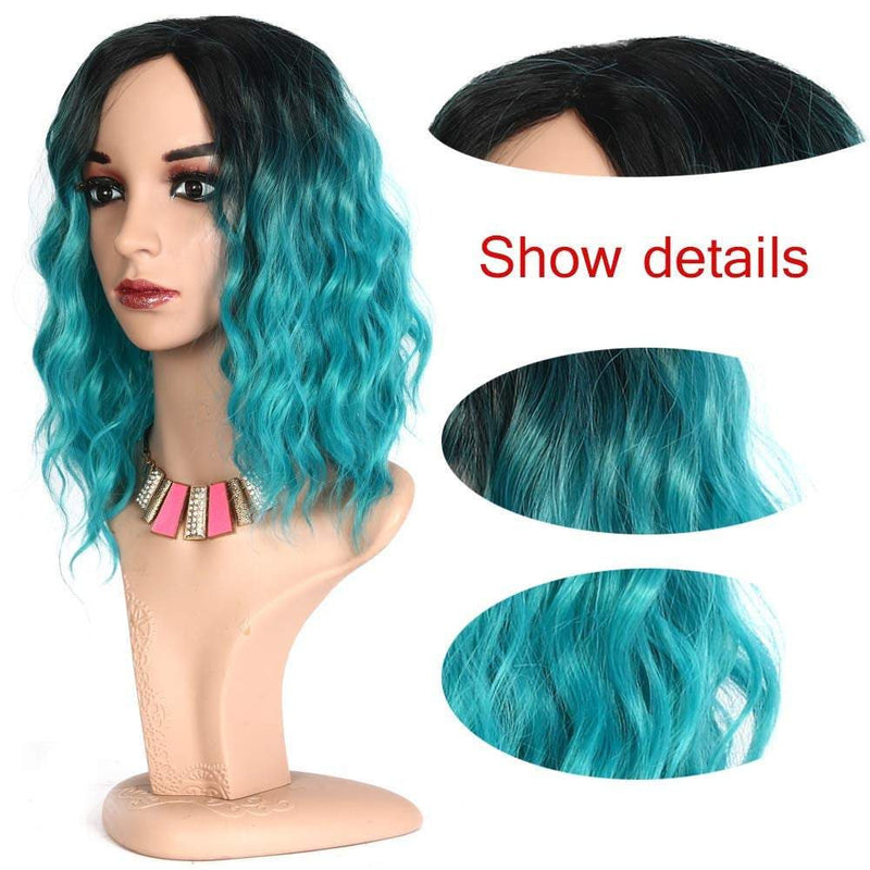 Aqua blue on black wavy ombre 14" | trendy wigs | synthetic top quality heat resistant fiber | human hair look and feel | best seller