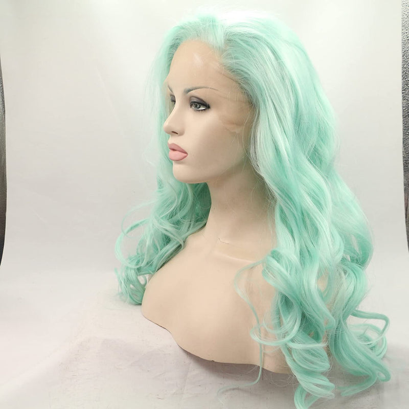Trendy light green wig | unicorn princess mermaid wave | custom color lace front synthetic | human hair feel | drag queen | stage performer