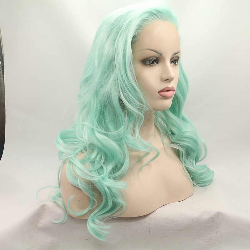 Trendy light green wig | unicorn princess mermaid wave | custom color lace front synthetic | human hair feel | drag queen | stage performer