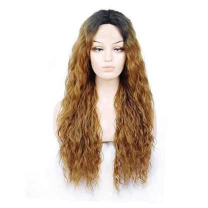 Human hair feel high quality curly blonde ombre lace front natural wave 28" middle part black roots synthetic dail wear wig