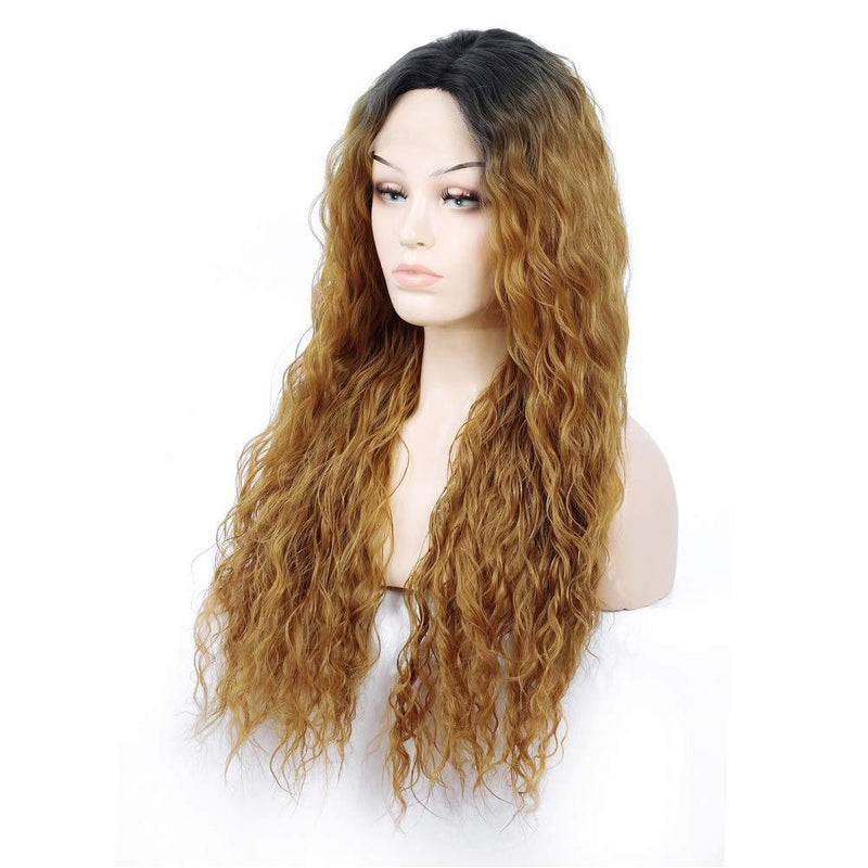 Human hair feel high quality curly blonde ombre lace front natural wave 28" middle part black roots synthetic dail wear wig