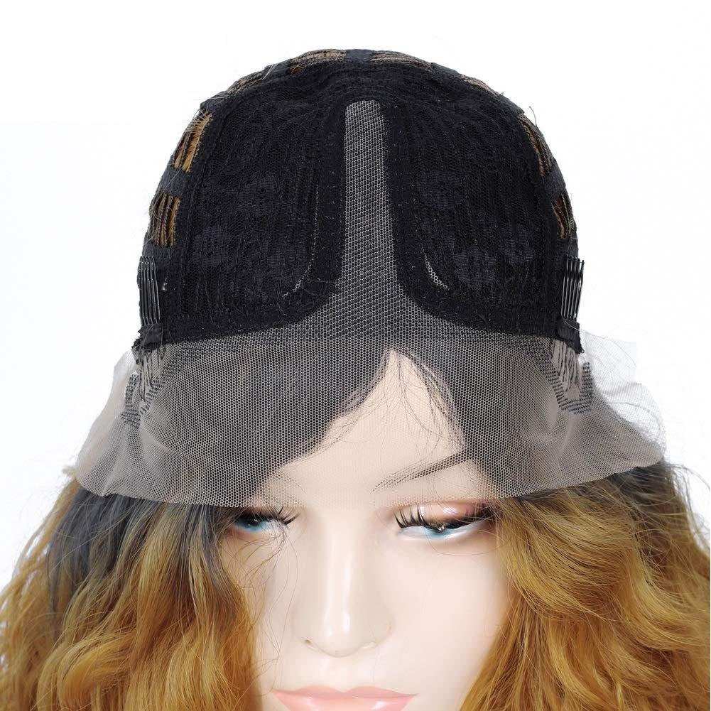 Human hair feel high quality curly blonde ombre lace front natural wave 28" middle part black roots synthetic dail wear wig