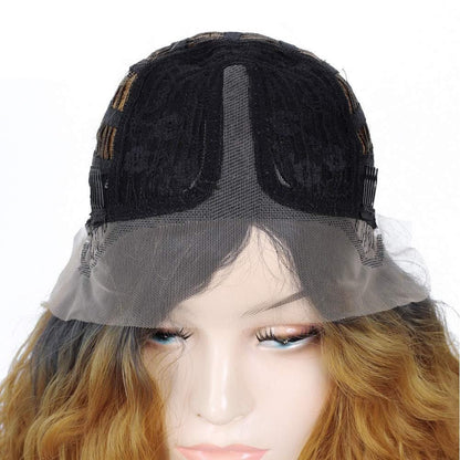 Human hair feel high quality curly blonde ombre lace front natural wave 28" middle part black roots synthetic dail wear wig