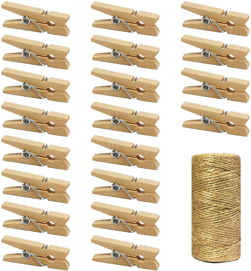1 inch mini natural wooden clothespins with jute twine, photo paper peg pin craft clips for scrap-booking, arts & crafts, hanging photos