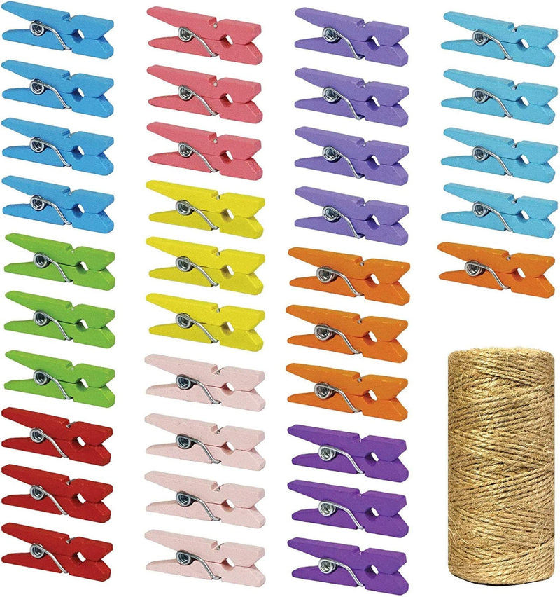 1 inch mini natural wooden clothespins with jute twine, photo paper peg pin craft clips for scrap-booking, arts & crafts, hanging photos