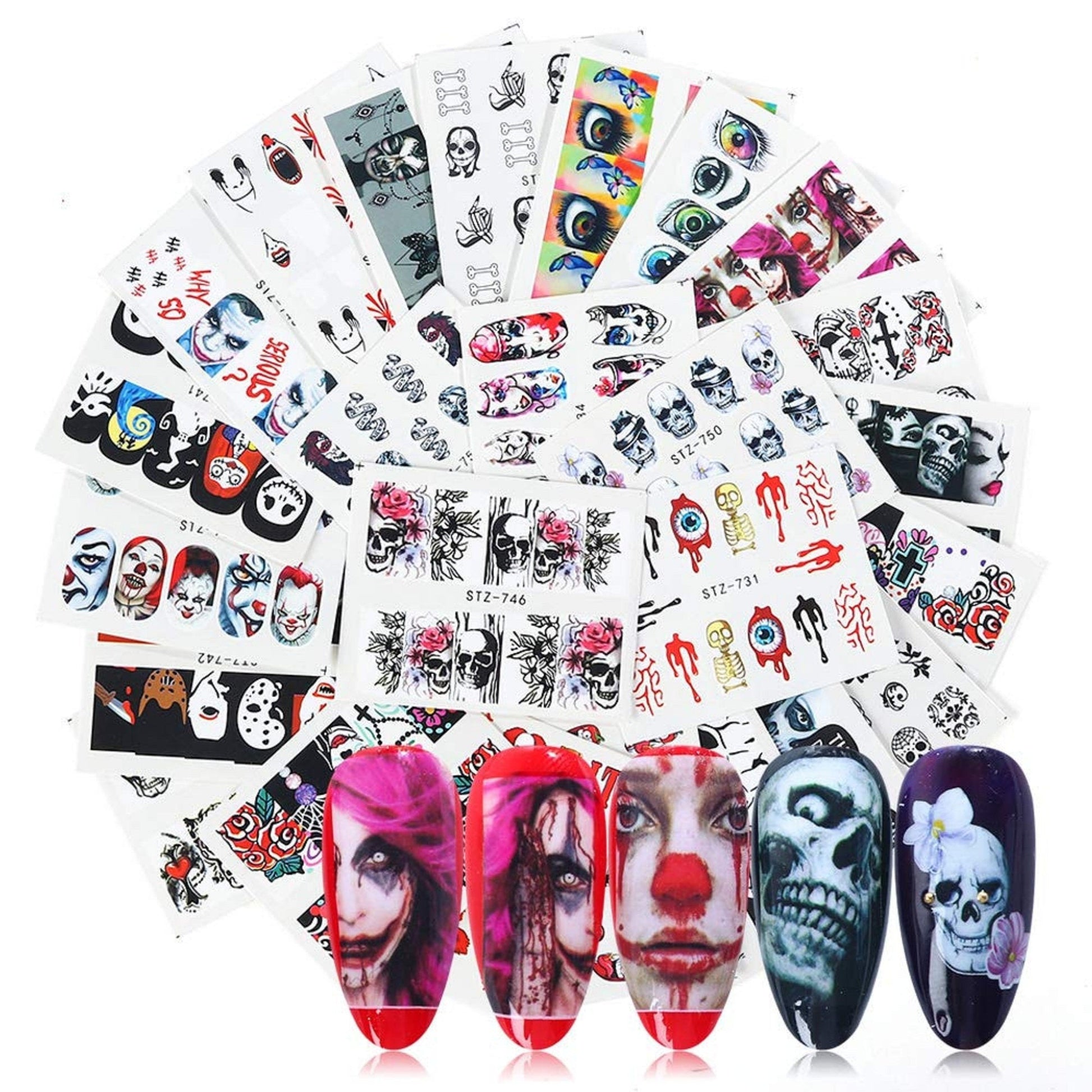 Ghost | skull | penny-wise | it | joker | nightmare | halloween | gothic | day of the dead | 25 sheets | nail art decal | dia de los muertos