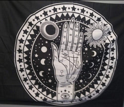 Celestial palmistry hand energy mystic tapestry | bedroom | living room | black and white tapestry | wall hanging size is 37" w x 28" l