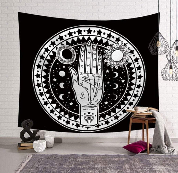 Celestial palmistry hand energy mystic tapestry | bedroom | living room | black and white tapestry | wall hanging size is 37" w x 28" l