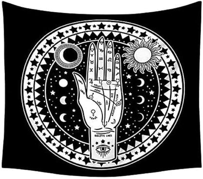 Celestial palmistry hand energy mystic tapestry | bedroom | living room | black and white tapestry | wall hanging size is 37" w x 28" l