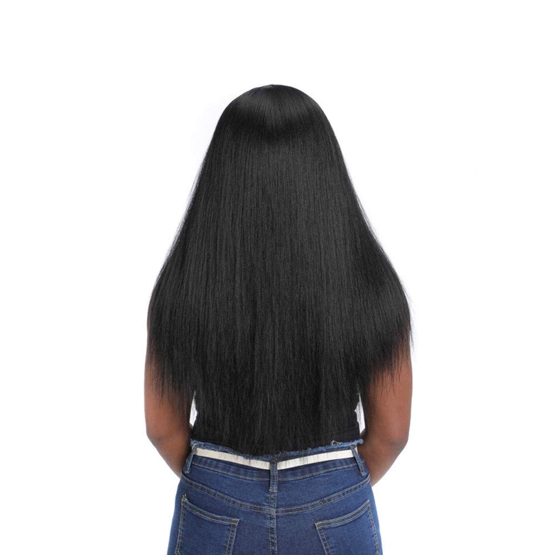 Fascinating off black long straight yaki hair middle part synthetic heat friendly natural black fluffy goddess wig non reflective, not shiny