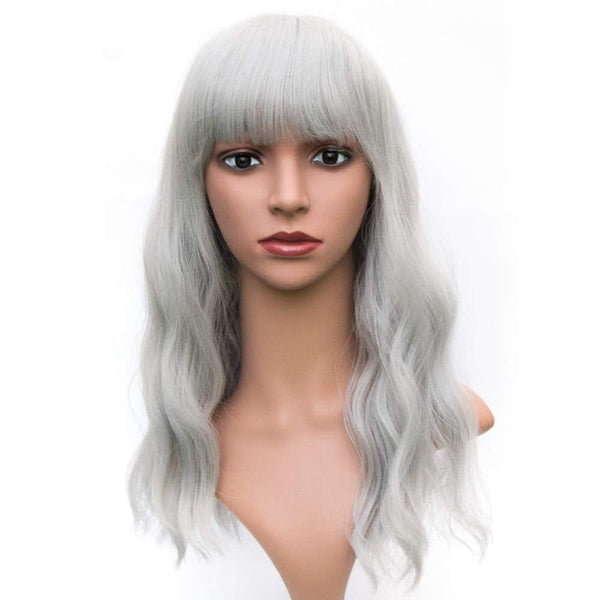 Silver Grey 18” Wavy Wig with Air Bangs | Natural Looking | Premium Heat Resistant Synthetic Fiber | Perfect for Cosplay Party Daily Wear