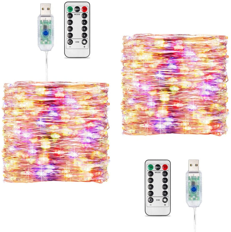 Fairy Lights 2 Pack 66FT 200 LED Lights with 2 Remote Control Timers Waterproof 8 Mode Copper Wire Indoor Outdoor Decoration, Multi Colored