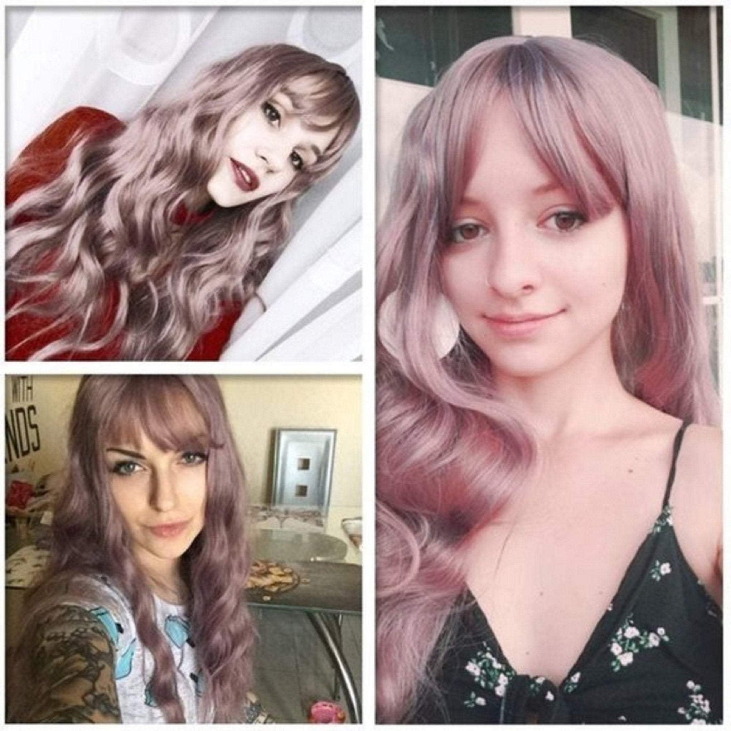 Dusty Mauve Purple Lavender Wavy 26" Wig with Air Bangs Best Quality Synthetic Fiber Human Hair Look and Feel Easy to Maintain No Shedding