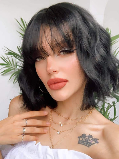 FLASH SALE! LIMITED Time and Stock Black Curly Wavy Bob Wig With Air Bangs Synthetic Heat Resistant Fiber Natural Black Human Hair Feel 10"