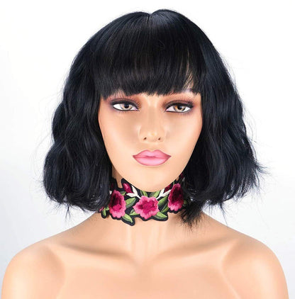 FLASH SALE! LIMITED Time and Stock Black Curly Wavy Bob Wig With Air Bangs Synthetic Heat Resistant Fiber Natural Black Human Hair Feel 10"