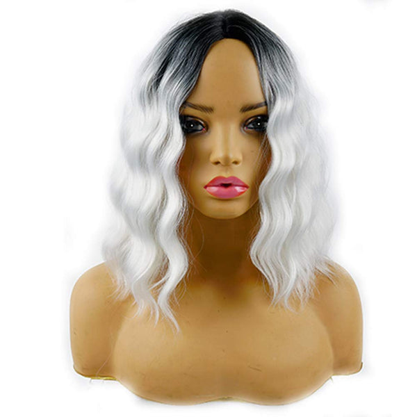 Black Silver Gray Ombre Wavy Shoulder Length 14" Wig Middle Parting FAUX Human Hair Synthetic Hair Heat Friendly Fiber Wig Cap Included