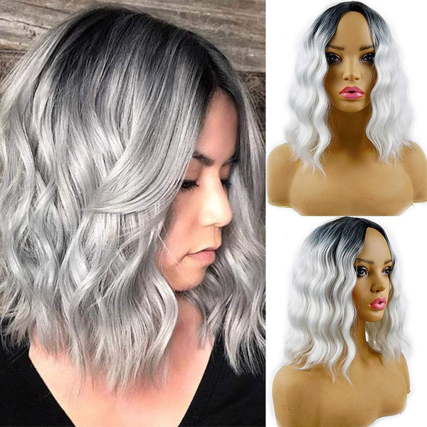 Black Silver Gray Ombre Wavy Shoulder Length 14" Wig Middle Parting FAUX Human Hair Synthetic Hair Heat Friendly Fiber Wig Cap Included