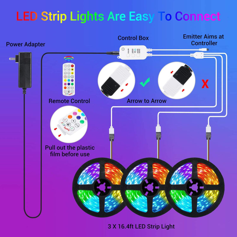 LED 50ft Led Strip Lights with App Control, Remote, Music Sync Color Changing Flexible LED Rope Lights for Bedroom, Party, Home