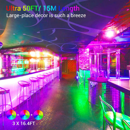 LED 50ft Led Strip Lights with App Control, Remote, Music Sync Color Changing Flexible LED Rope Lights for Bedroom, Party, Home