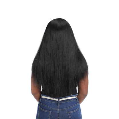 Fascinating off black long straight yaki hair middle part synthetic heat friendly natural black fluffy goddess wig non reflective, not shiny