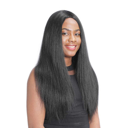 Fascinating off black long straight yaki hair middle part synthetic heat friendly natural black fluffy goddess wig non reflective, not shiny