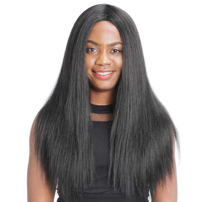 Fascinating off black long straight yaki hair middle part synthetic heat friendly natural black fluffy goddess wig non reflective, not shiny