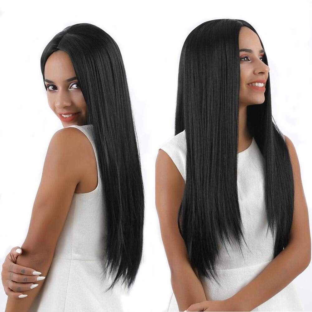 Fascinating off black long straight yaki hair middle part synthetic heat friendly natural black fluffy goddess wig non reflective, not shiny