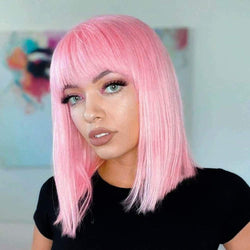 Pink bubble gum light pastel trendy looking wig with curtain air bangs heat friendly face framing synthetic bob with 12" blunt cut style