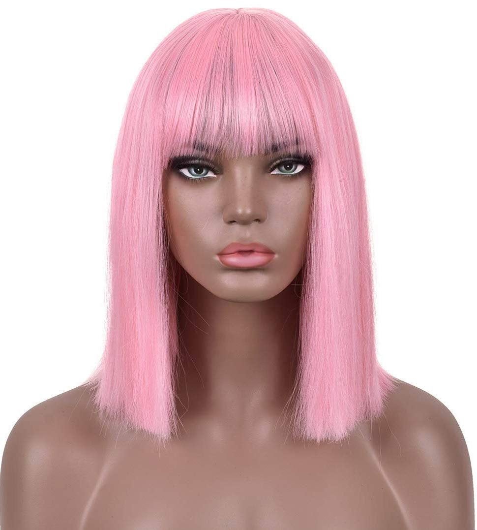 Pink bubble gum light pastel trendy looking wig with curtain air bangs heat friendly face framing synthetic bob with 12" blunt cut style