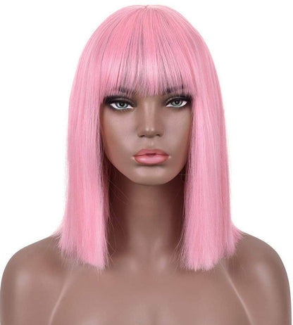 Pink bubble gum light pastel trendy looking wig with curtain air bangs heat friendly face framing synthetic bob with 12" blunt cut style