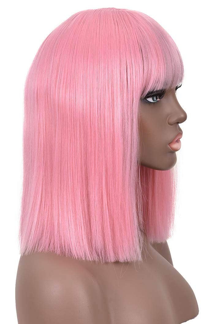 Pink bubble gum light pastel trendy looking wig with curtain air bangs heat friendly face framing synthetic bob with 12" blunt cut style