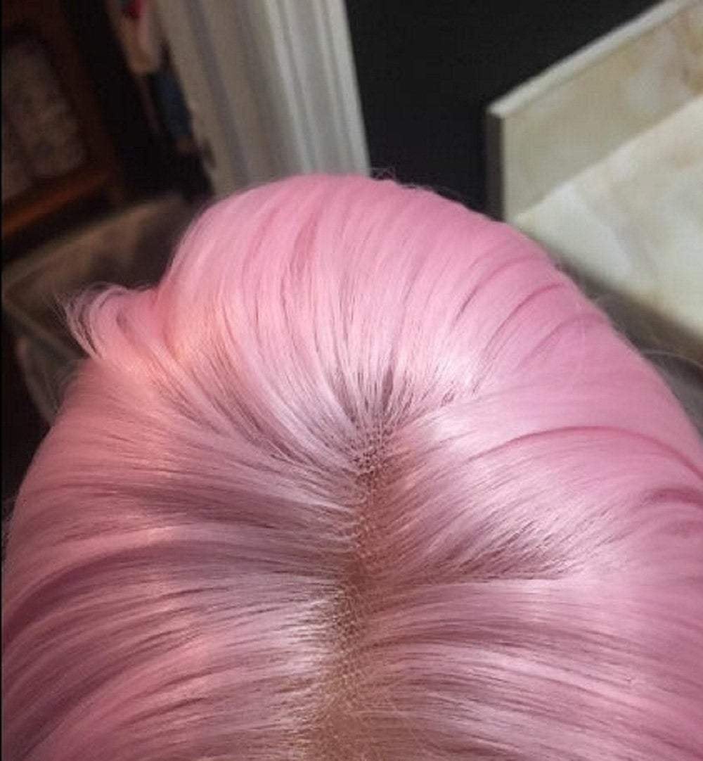 Pink bubble gum light pastel trendy looking wig with curtain air bangs heat friendly face framing synthetic bob with 12" blunt cut style