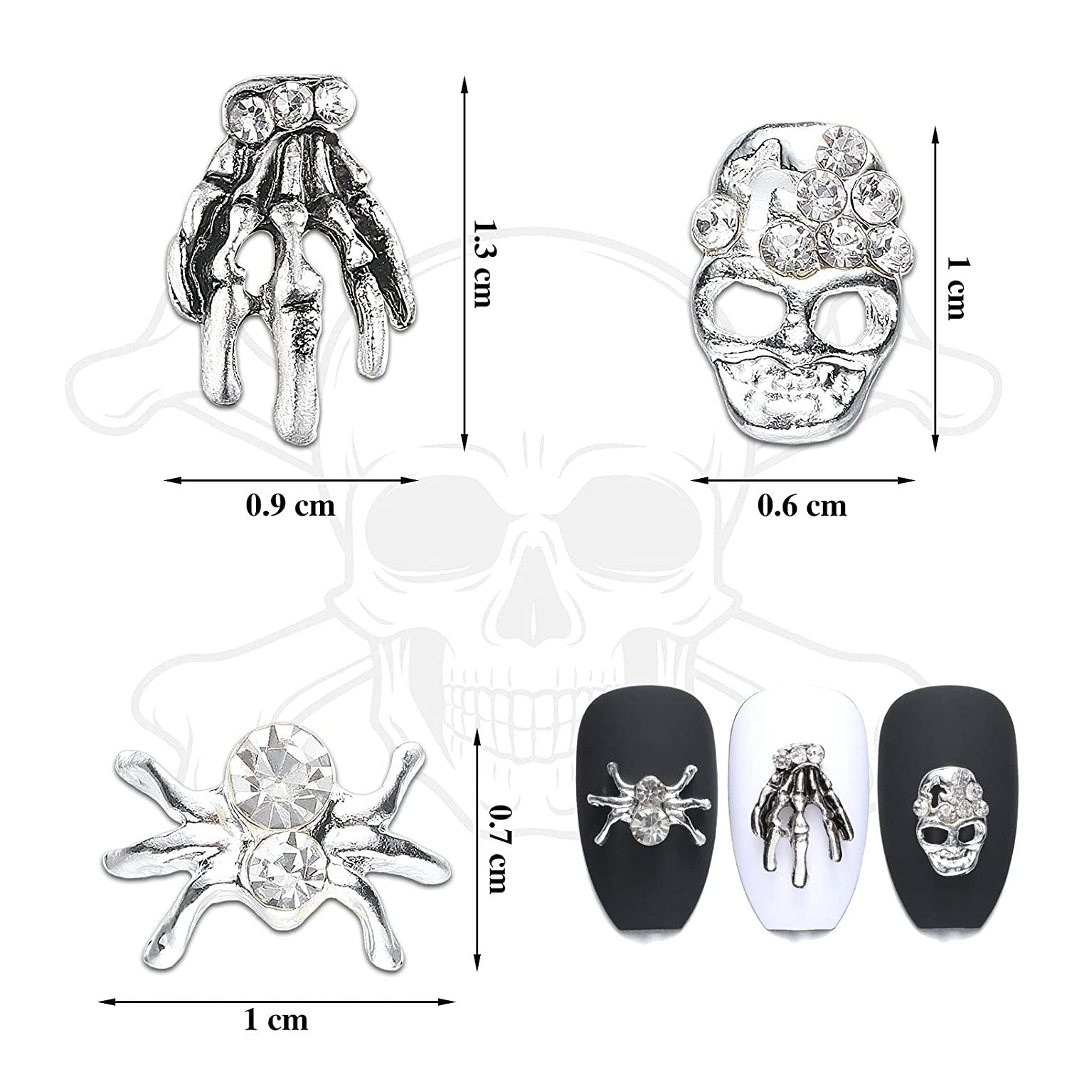 30 Pieces Skull Nail Charms Silver 3D Spider with Rhinestones Skeleton Hand Nail Art Decorations Nail Charms Can Also Use for DIY Crafting