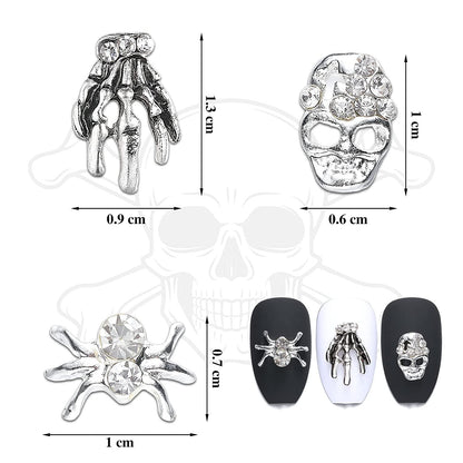 30 Pieces Skull Nail Charms Silver 3D Spider with Rhinestones Skeleton Hand Nail Art Decorations Nail Charms Can Also Use for DIY Crafting