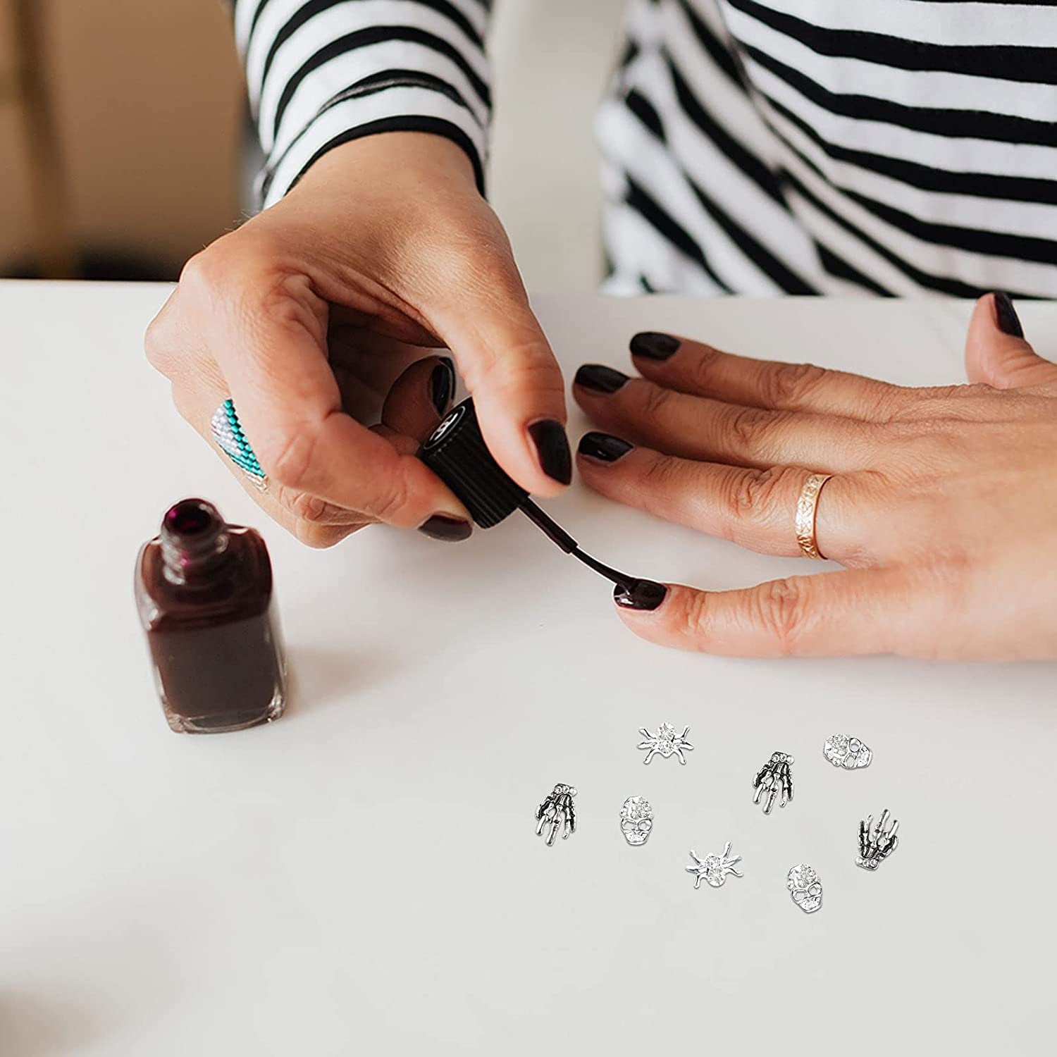 30 Pieces Skull Nail Charms Silver 3D Spider with Rhinestones Skeleton Hand Nail Art Decorations Nail Charms Can Also Use for DIY Crafting