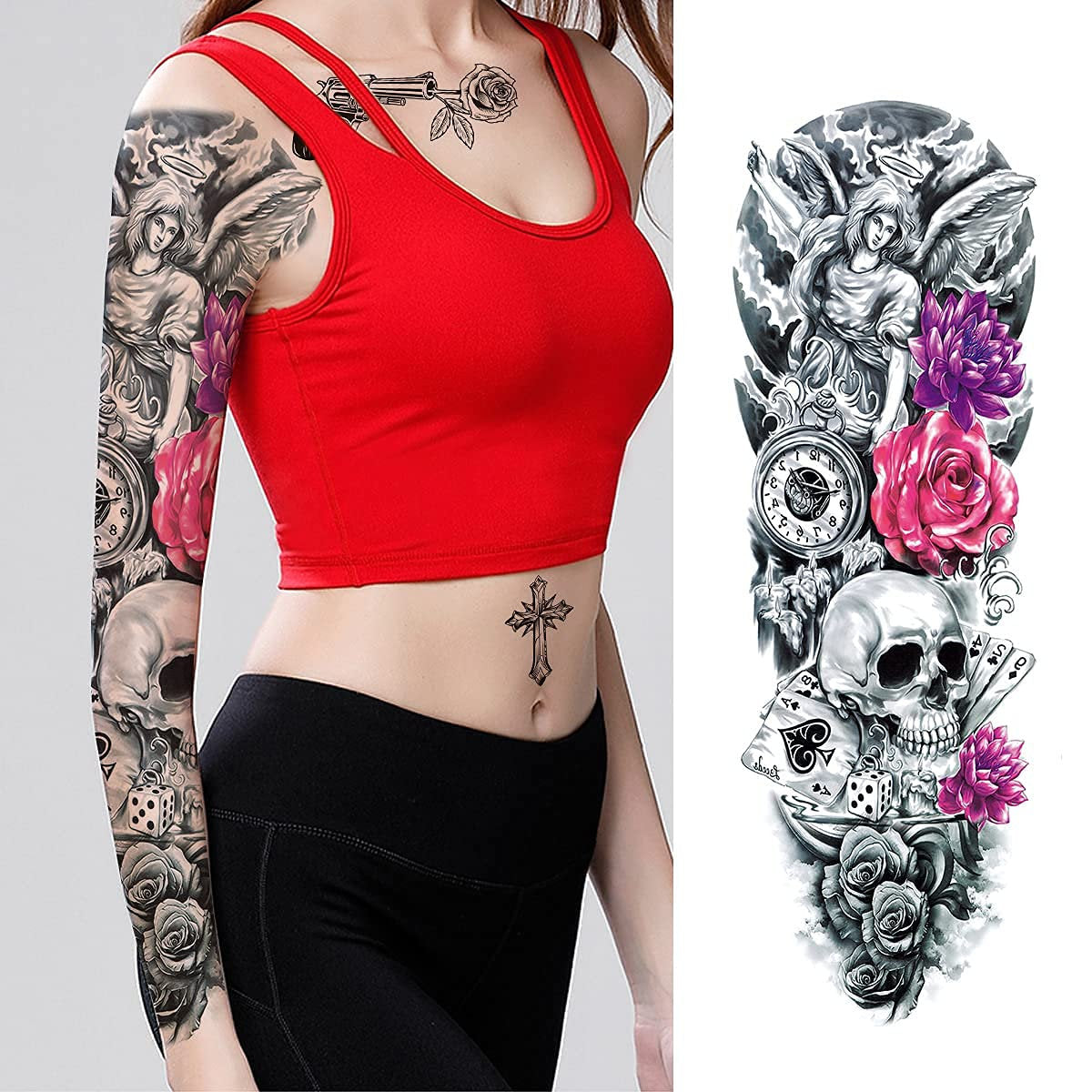 Complete Set of 9 Sheets Waterproof Fake Tattoo Temporary Realistic Waterproof Full Arm Fake Tattoo Flower Can Also Use for DIY Crafting