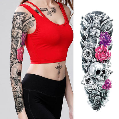 Complete Set of 9 Sheets Waterproof Fake Tattoo Temporary Realistic Waterproof Full Arm Fake Tattoo Flower Can Also Use for DIY Crafting
