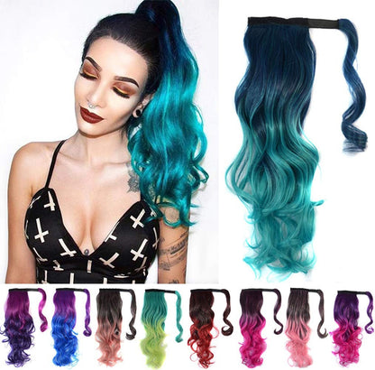 Colorful Ombre 2 Tone Cosplay Ponytail Hair Extension Body Wavy Fake One Piece Clip in Warp Around Magic Paste Pony Tail Choice of Colors