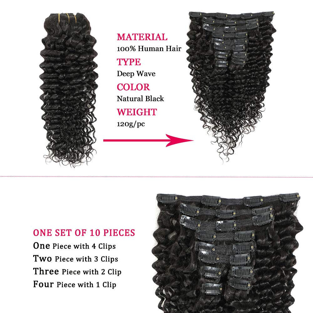 Deep Wave Clip ins Hair Extensions Virgin Human Hair Wavy Unprocessed Clip in Hair Extensions Set of 10 You Choose the Length from 10 - 20"
