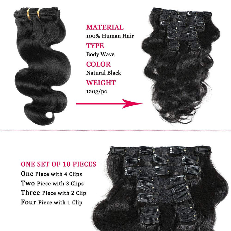 Body Wave Clip ins Hair Extensions Virgin Human Hair Wavy Unprocessed Clip in Hair Extensions Set of 10 You Choose the Length from 10 - 20"